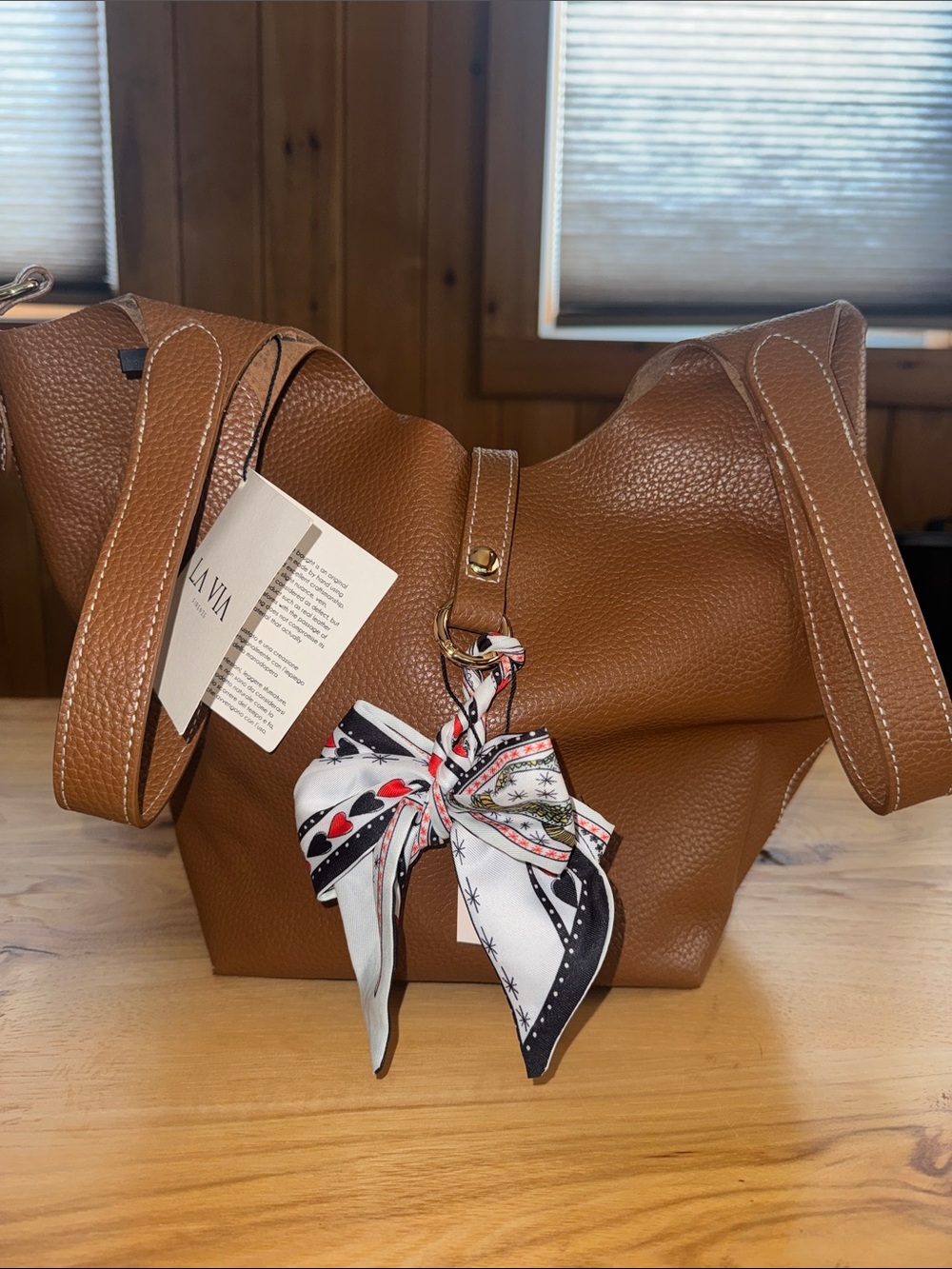 Tan Pebbled Shoulder Bag with Decorative Scarf. Italian Leather
